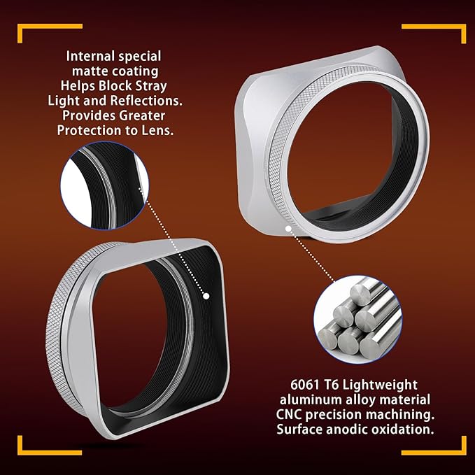 Haoge LH-X200S Square Metal Lens Hood with 49mm Adapter Ring Metal Cap for Fujifilm X100VI x-100vi x100v x100f x100t x100s Fuji Photo Camera Accessories Silver