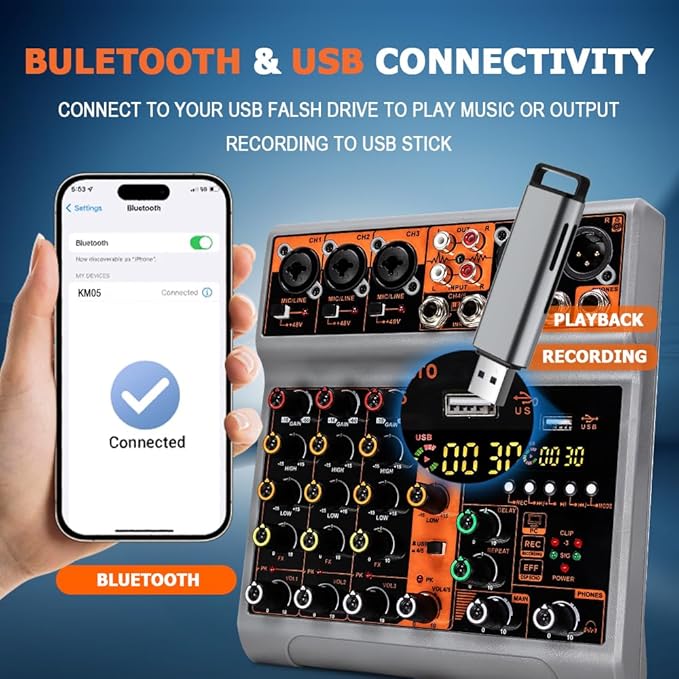 5 Channel Professional Audio Mixer Console Sound Board with 48V Phantom Power,USB Audio Interface for Live Show,Streaming Recording Music Stage Karaoke