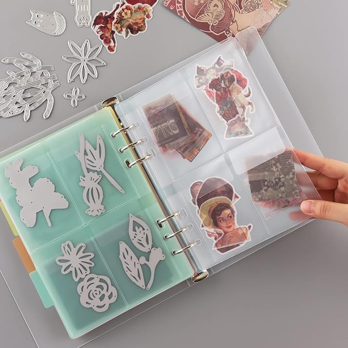 10 Sheet Binder Pockets Inserts with Tree Pockets A5 Size 6 Hole Binder Folder for Dies and Stamps Storage,Waterproof PVC Clear Bags Protectors for Cutting Dies Stencil Album Stamp Crafts