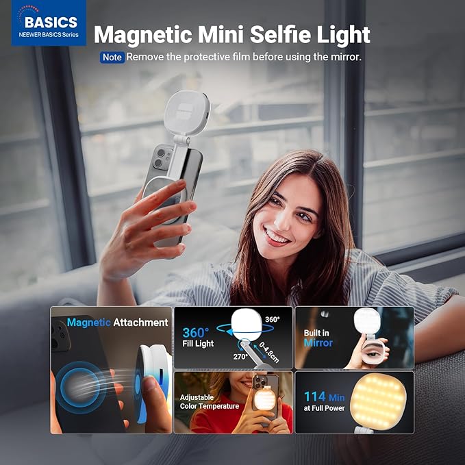 NEEWER Basics Magnetic Selfie Light Compatible with MagSafe iPhone, 2W Bi Color Small LED Phone Fill Ring Lighting CRI95+ with 360° Swivel, Mirror for Makeup Video Conference Recording, NL72B White