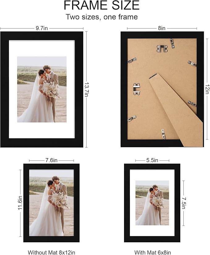 8x12 Picture Frame Set of 4, Made of Real Glass and Black Wooden Frame - Display 6x8 Picture with Mat or 8 x 12Poster Without Mat, 8 by 12 Photo for Wall or Tabletop