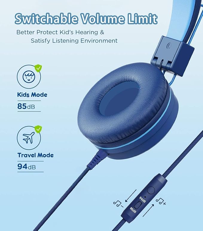 Kids Headphones with LED Lights for School, Upgrade USB Type C Kid Headphone with Microphone, Volume Limiter 85/94dB, Wired On Ear Headphones for Boys/Girls/Tablet/Travel -Blue