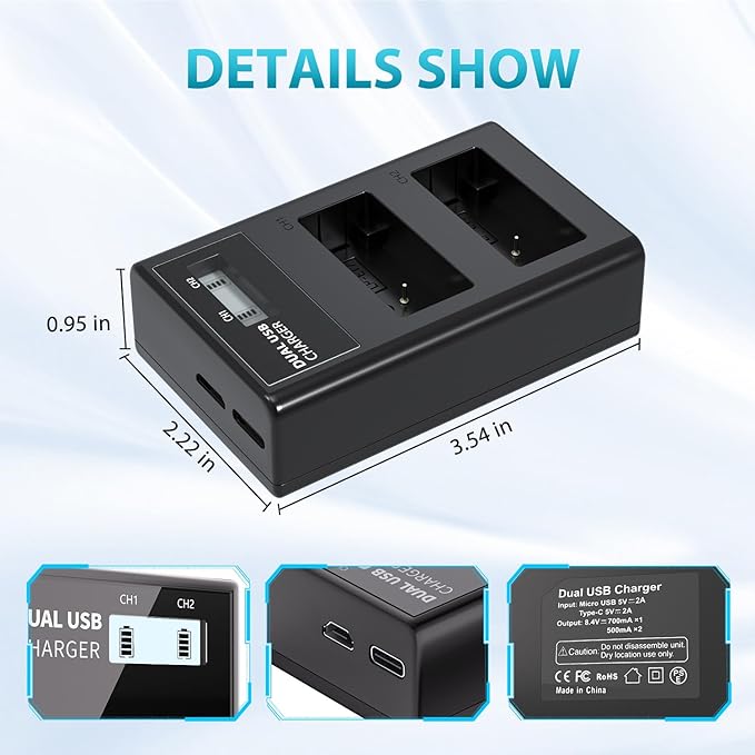 LP LP-E17 Battery Charger, LCD Display & USB-C Dual Slot Charger Compatible with Canon EOS Rebel T7i, T6i, T6s, SL3, SL2, 77D, 9000D, 8000D, 800D, 760D, 750D, 200D, M6, M5, M3, Kiss X8i DSLR Cameras