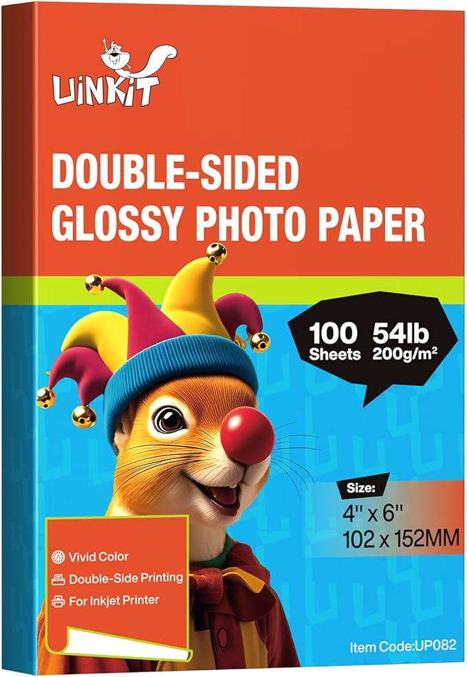 Uinkit 54lb Double Sided Photo Paper Glossy 4x6 54lbs Inkjet for Dye Ink 200Gsm Value Bulk Pack Picture 4x 6 9.5Mil for Inkjet Printing Printer (100, 4x6)