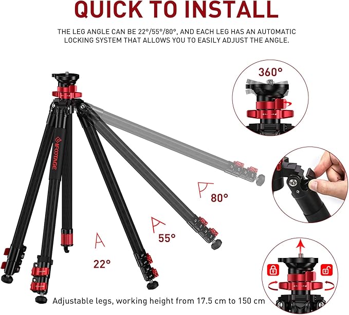 IFOOTAGE TC6S Carbon Camera Tripod, Professional Video Tripod 3 Sections with Centre Pole,360 °Rotate Ball Head，Compatible with DSLR Camcorder