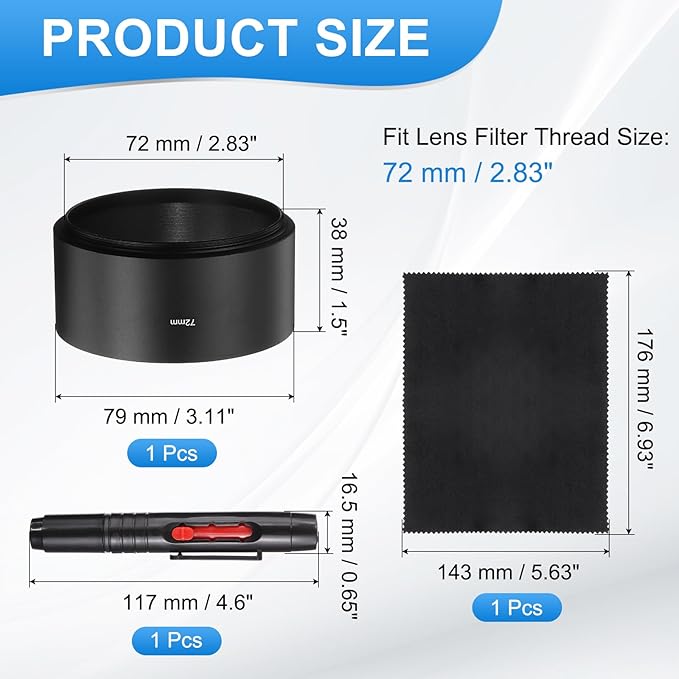 PATIKIL Lens Hood Shade, 72mm Long-Focus Mount Standard Screw-in Metal Camera Cap Shade with Cleaning Cloth and Cleaning Pen, Black