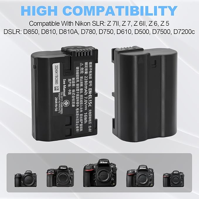 EN-EL15C/EN-EL15 /EL15a/EL15b Battery - Compatible with Nikon Z8 Zf Z7 Z7II Z6 Z6II Z5 Z5II D7000 D7100 D7200 D7500 D500 D600 D610 D750 D780 D800 D850 D810 Digital SLR Camera Battery