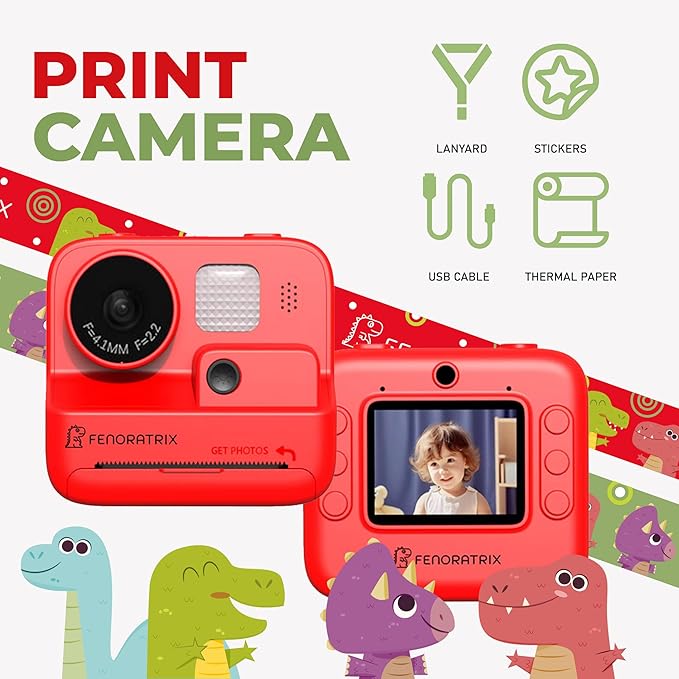 Instant Print Camera for Kids – No Ink Needed, 2.4" Screen, Selfie & 1080P Video, 10X Zoom, 3 Paper Rolls, Stickers & Markers, Fun Creative Gift for Boys & Girls Ages 3 4 5 6 7 8 9 10 – FENORATRIX RED