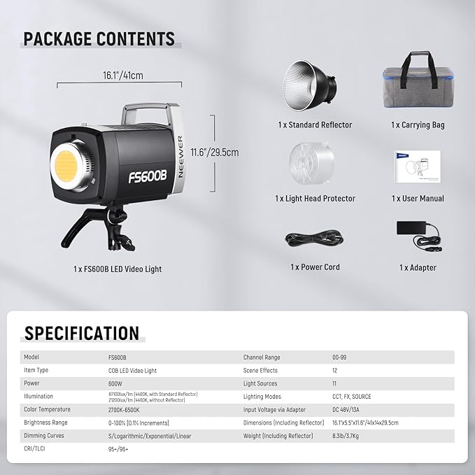NEEWER 600W LED Studio Video Light 2.4G/APP Control 87100Lux/1m, 2700K-6500K Bi Color COB Continuous Lighting with CRI95+, 12 Scenes, Bowens Mount Spotlight for Photography Recording Streaming, FS600B