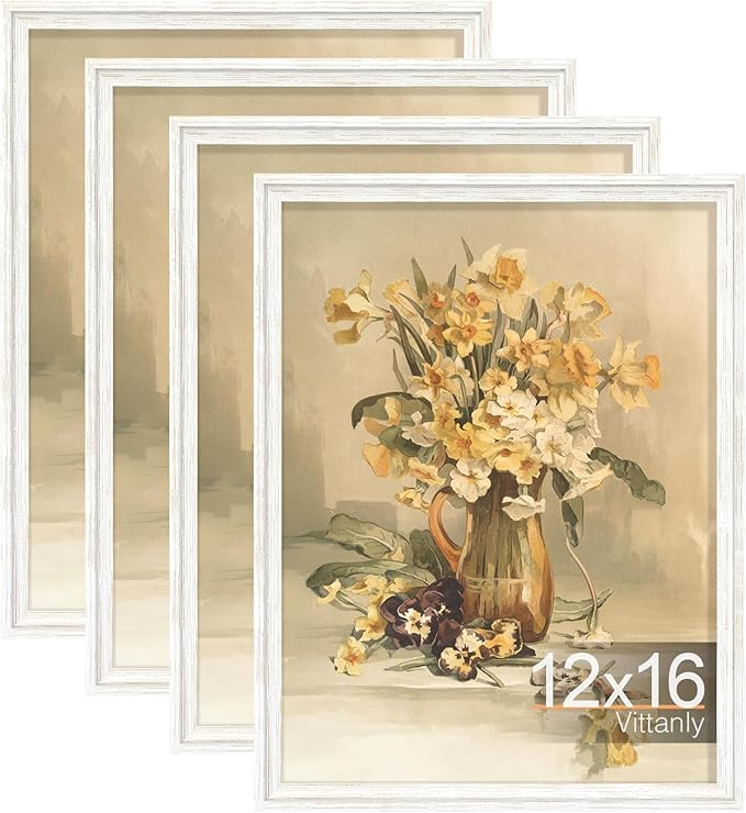 Vittanly 12x16 Picture Frame Set of 4, Vintage Photo Frame for Wall Mount, Display 8.5x11 Pictures with Mat or 12x16 without Mat, Rustic Farmhouse Home Decor, Vintage White