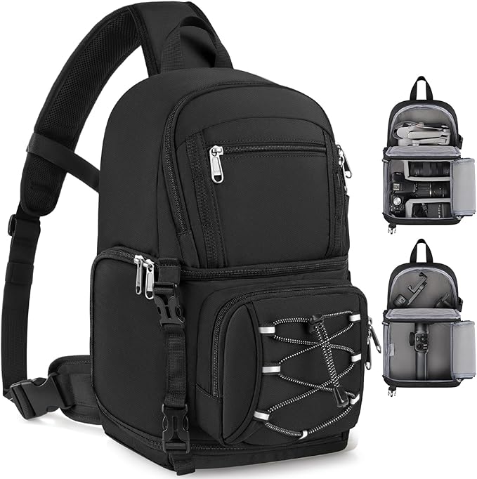 RAINSMORE Camera Bag Small DSLR & Mirrorless Camera Case for Photographers Waterproof Sling Crossbody Camera Bag with Removable Divider & Tripod Holder Fits Canon Rebel/Nikon D3500/Sony A6000 Series