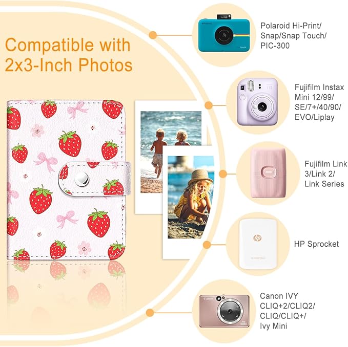 Lebrocoli Strawberry Bow Small Photos Album for 2x3 Inch Films, 56 Pockets Mini Cute Albums Book for Polaroid Fujifilm Instax Mini Instant Camera Printer, Kpop Photocard Pictures Binders Holders