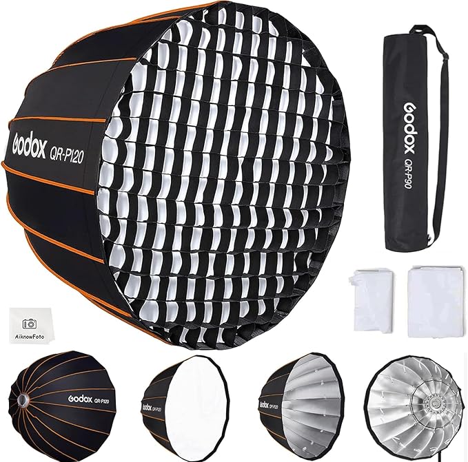 Godox Quick Release Parabolic Softbox,QR-P120 47.2”/120cm Portable Bowens Mount Softbox with Honeycomb Grid,Carry Bag,Front/Inner Diffuser for AD600BM SL60W VL150 UL150 SL200II Studio LED Video Light