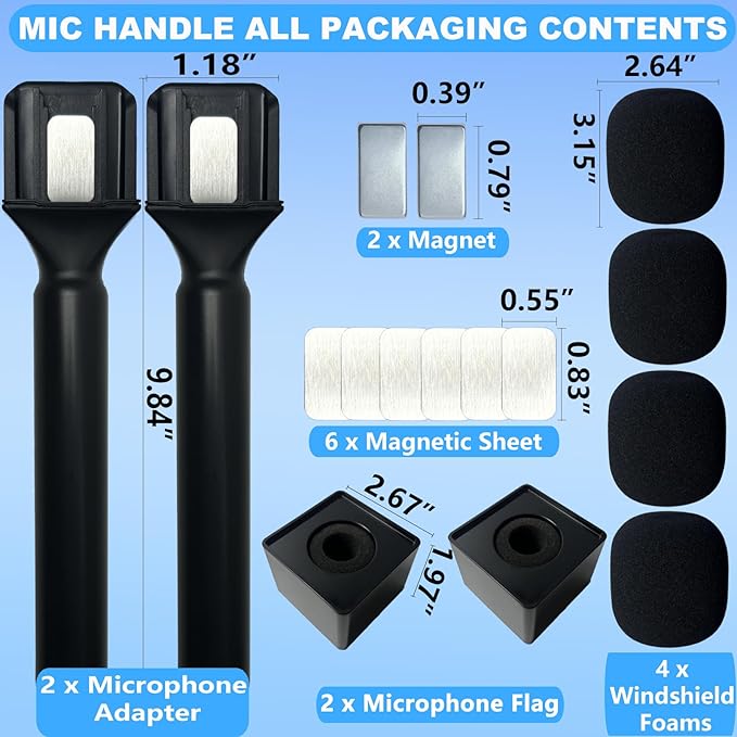 2PCS Microphone Holder for DJI/DJI Mini/2/3, Mic Handle for Rode, Hollyland Microphone, Magnetic wireless mic holder with Pop Filter and Flag Station for Vlogging, Interview, Podcast, Tik Tok