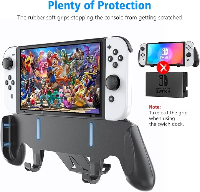 OIVO Switch Grip with Upgraded Adjustable Stand, Asymmetrical Grip with Adjustable Stand and 5 Game Slots-4 Thumb Caps Included