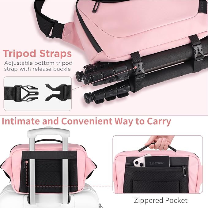 TAAOKA Camera Sling Bag,Waterproof Camera Case with Tripod Holder,Lightweight DSLR/SLR/Mirrorless Camera Bags Crossbody for photographers-Pink