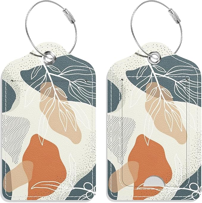 Luggage Tags for Suitcase, 2 Pack PU Leather Travel Cruise Luggage Tag with Privacy Flap, Name ID Label and Metal Loop for Women Men Suitcase Baggage Bag Backpack Instrument, Boho Leaves