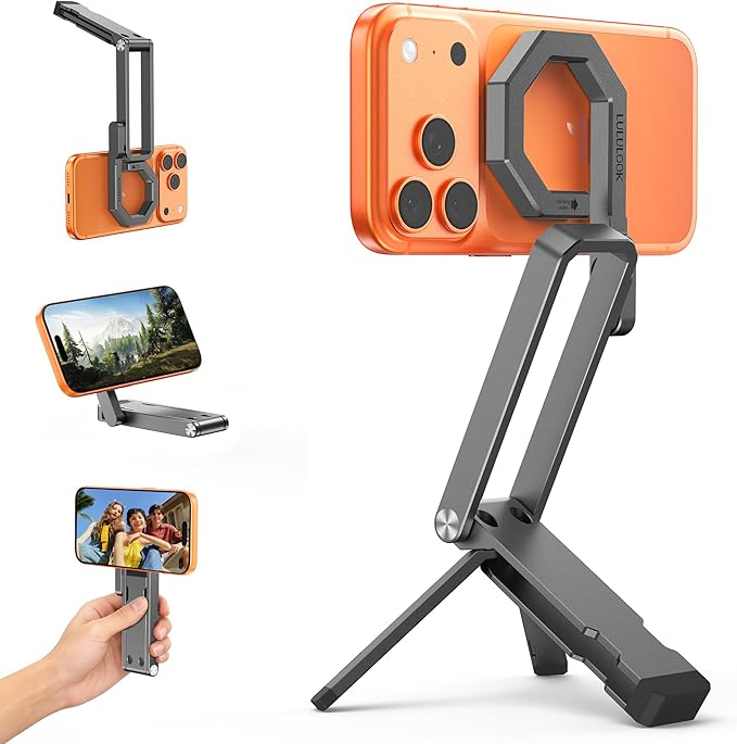 LULULOOK Rugged Magnetic Phone Tripod Stand for iPhone/Pixel 10 - Portable Strong Magnetic Phone Holder for Magsafe - Tripod Mount for iPhone 13/14/15/16/17 Pro Max & Air (Dark Grey)