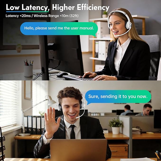 Wireless Headsets with Mic for Work, Wireless Headset for Cell Phones, Ultra Lightweight& 50+ Playtime, On Ear Bluetooth Headphone Fit for PC/Call Center/Computer/Laptop/Teams - White