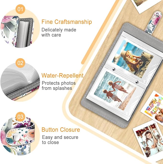 Lebrocoli Vintage Rose Floral Small Photos Album for 2x3 Inch Films, 56 Pockets Mini Cute Albums Book for Polaroid Fujifilm Instax Mini Instant Camera Printer, Kpop Photocard Pictures Binders Holders