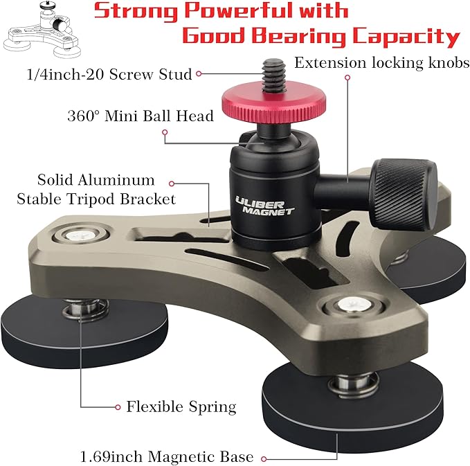ULIBERMAGNET Magnetic Action Camera Mount,100LB Solid Aluminum Magnetic Mount Tripod with Mini Ball Head,Strong Rubber Coated Magnet with 1/4’’-20 Male Thread Stud for GoPro,Security Camera