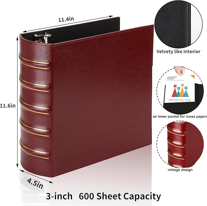 LETVPVOW Vintage Hardback 3 Ring Binder 3 Inch, Professional Leather Binder 3 Ring, Three Ring Binders Fits 8.5 x 11, D Ring Binders for Photo Album, Home, School and Office Supplies- Dark Red