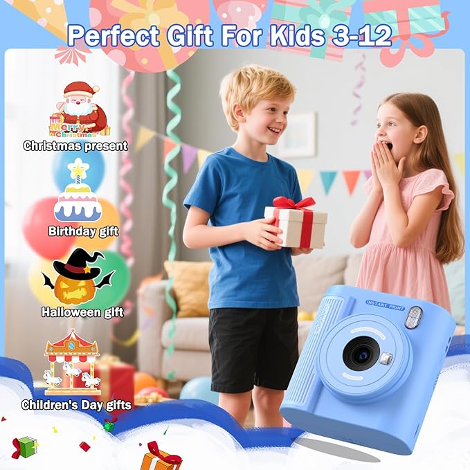 Kids Camera Instant Print for 3-12 Year Olds, HD Digital Instant Print Camera for Boys & Girls, Ideal Christmas Birthday Gift with 32GB SD Card, Easy to Use
