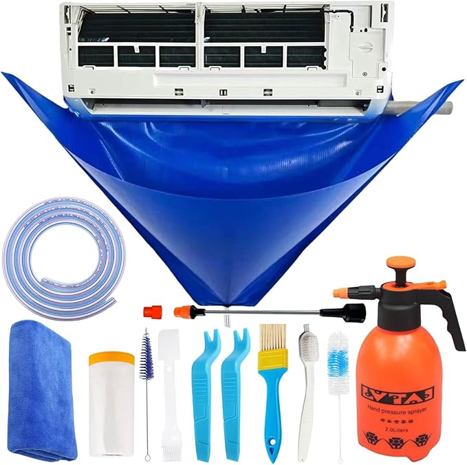 Oiktylr Mini Split Cleaning Kit Bag with 2L High Pressure Sprayer, Air Conditioner Cleaning Kit with Waterproof PVC AC Cleaning Cover Bib with 10pcs HVAC Cleaning Tools, Large