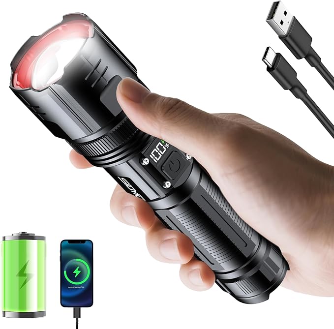 Flashlights High Lumens, USB Rechargeable Flashlight with LCD Digital Power Display, Zoomable LED Super Bright Flash Light, 4 Mode, IPX5 Waterproof for Camping, Emergencies and Outdoor