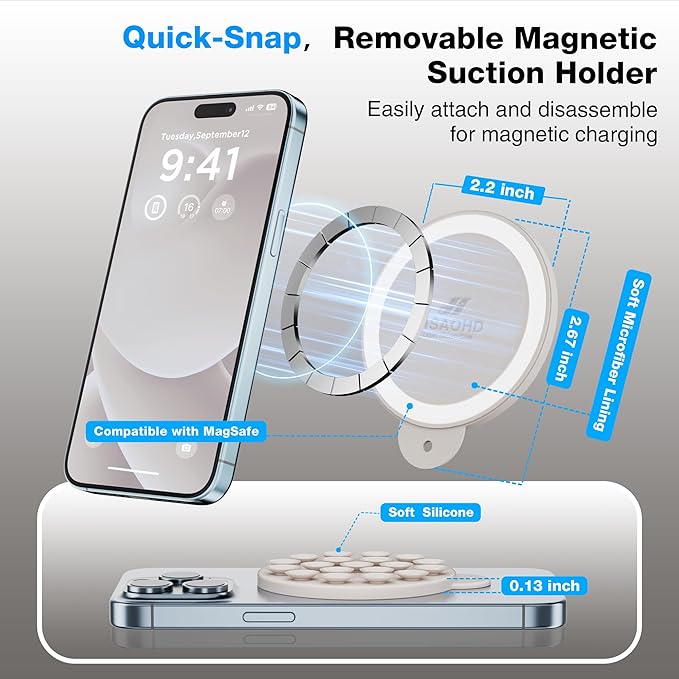 Magnetic Suction Cup Phone Mount with MagSafe, Silicone Hands-Free Grip Holder for iPhone Case and Android, Mirror Shower Phone Stand for Makeup FaceTime Gym Kitchen Bathroom, Stone