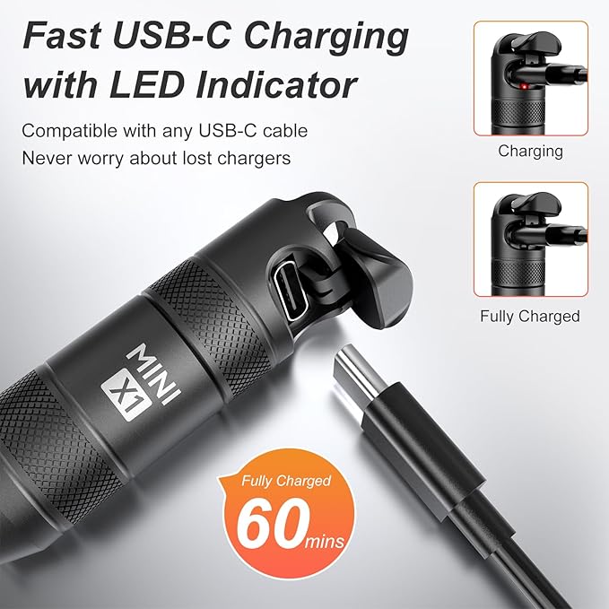 EDC Mini Flashlights High Lumens LED Pocket Keychain Magnetic Activation Flashlight Type-C Rechargeable Small Flashlight Long Battery Life & Long Illumination Distance (1, Black)
