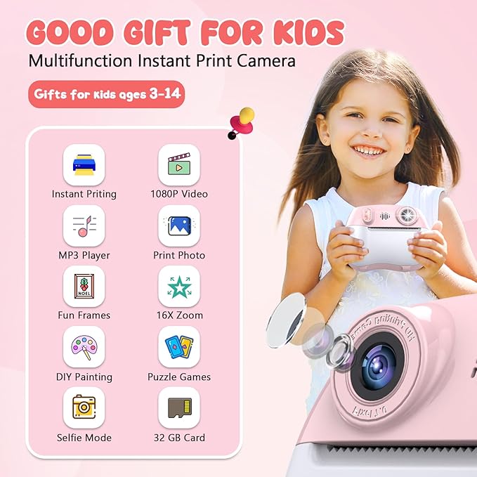 Kids Camera Instant Print 1080P Front Rear Dual Selfie - Toddler Cameras with Digital Video Games,32GB & 5-Colored Print Paper/ 250 Photos,Easy to Use & Great Toys Gifts for Boys Girls, Ages 3-12