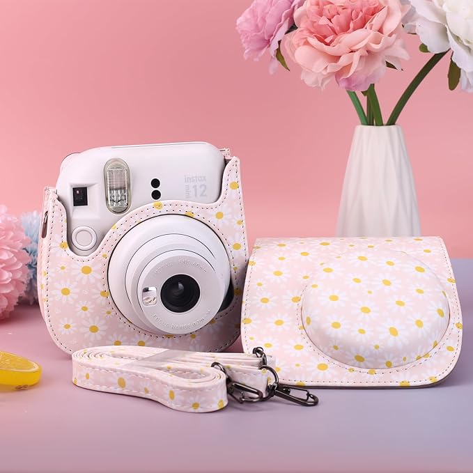 Frankmate Protective Case Fit for Fujifilm Instax Mini 12 11 9 8 Camera, PU Leather Camera Bag with Pocket and Adjustable Shoulder Strap (Pink Daisy)