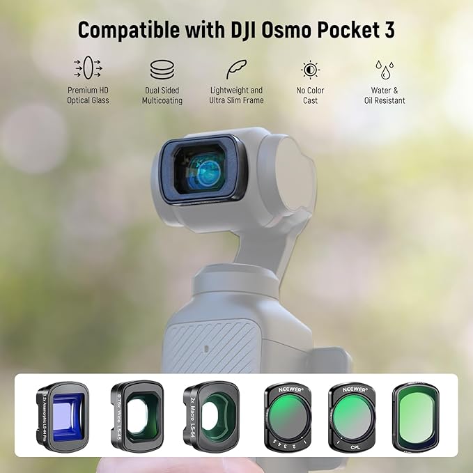 NEEWER 3 Pack ND Filter Set (Variable ND2-32, CPL, 1/4 Black Diffusion) & 0.75X Wide Angle Lens, 2X Macro Lens, 1.2X Blue Anamorphic Lens, Screen Protectors Compatible with DJI Osmo Pocket 3, FL-B28
