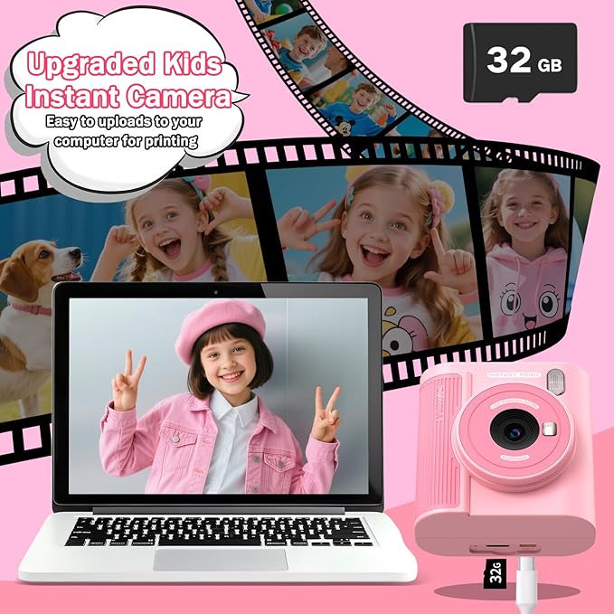 Zicor Kids Camera Instant Print for 3-12 Year Olds, HD Digital Instant Print Camera for Boys & Girls, Ideal Christmas Birthday Gift with 32GB SD Card, Easy to Use - Pink