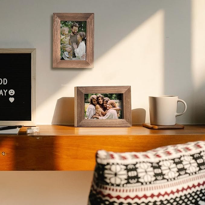 OKSQW Wood Picture Frame 4 x 6 Brown Retro Photo Frames with Real Glass Solid Wooden Photo Frame Standing for Tabletop Hanging Wall Farmhouse Home Desk Office Decor Handmade Family Picture Frame Gift