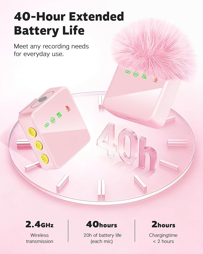Wireless Lavalier Microphone for iPhone, Android, Cameras - Mini Microphone with Noise Reduction, 328FT Transmission and 40H Battery Life, 4 Mic for Video Recording, TikTok and YouTube (Pink)