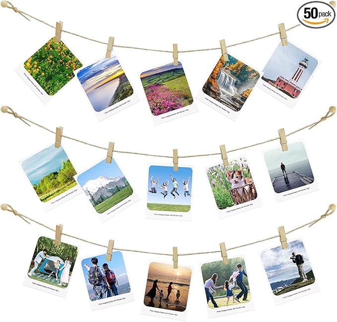 Photo Hanging Display with 50 Photo Clips, String Hanging Pictures Decor Wall Display, Clip Photo Holders for Hanging Kids Artwork On Wall Decor Home