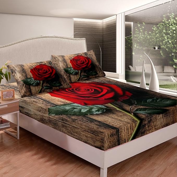 Erosebridal Red Rose Print Blossom Bed Sheet King Size 4 Pcs Love Romantic Print Bedding Brown Wooden Farmhouse Fitted Sheet Valentine's Day Elegant