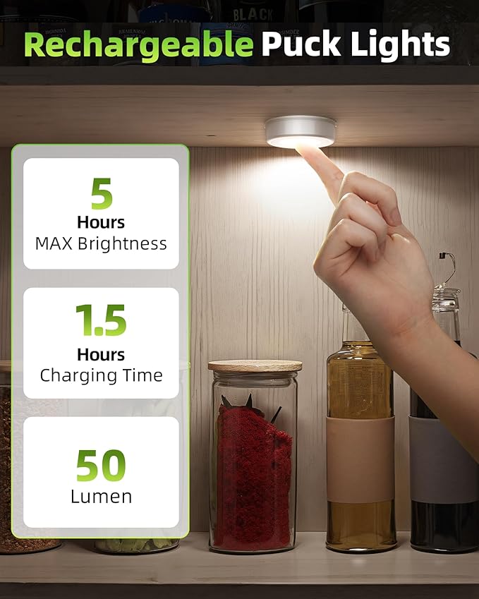 EZVALO LED Puck Lights with Charging Station, Rechargeable Sitck On Tap Lights, Wireless Closet Light, 3 Color Temps, Under Cabinet Lights, 2.5'' Mini Touch Light for Kitchen,Pantry,Shelves(4 Pack)