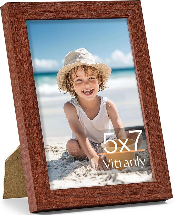 Vittanly 5x7 Picture Frame, Made of Solid Wood and Shatterproof Plexiglass, Wooden Photo Frame for Wall Mounting or Tabletop Display, Picture Frame for Home Decor with Stand, Brown, 1 Pack