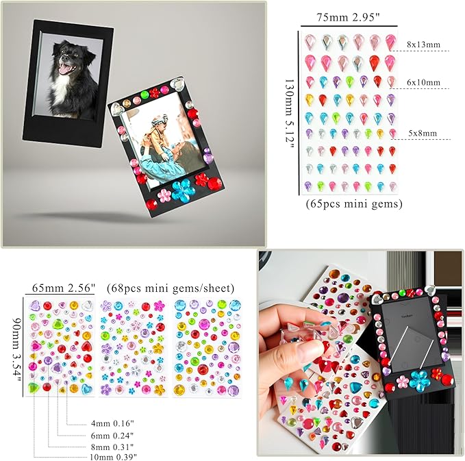 JOYZO 2x3 Picture Frames for Instax Mini Film, 6 Pack Mini Frames with Clear Covers and 3D Gems Stickers for Fuji Instant Camera 12 11 9 8 40 41 90 99 SE EVO Photo Display - Black