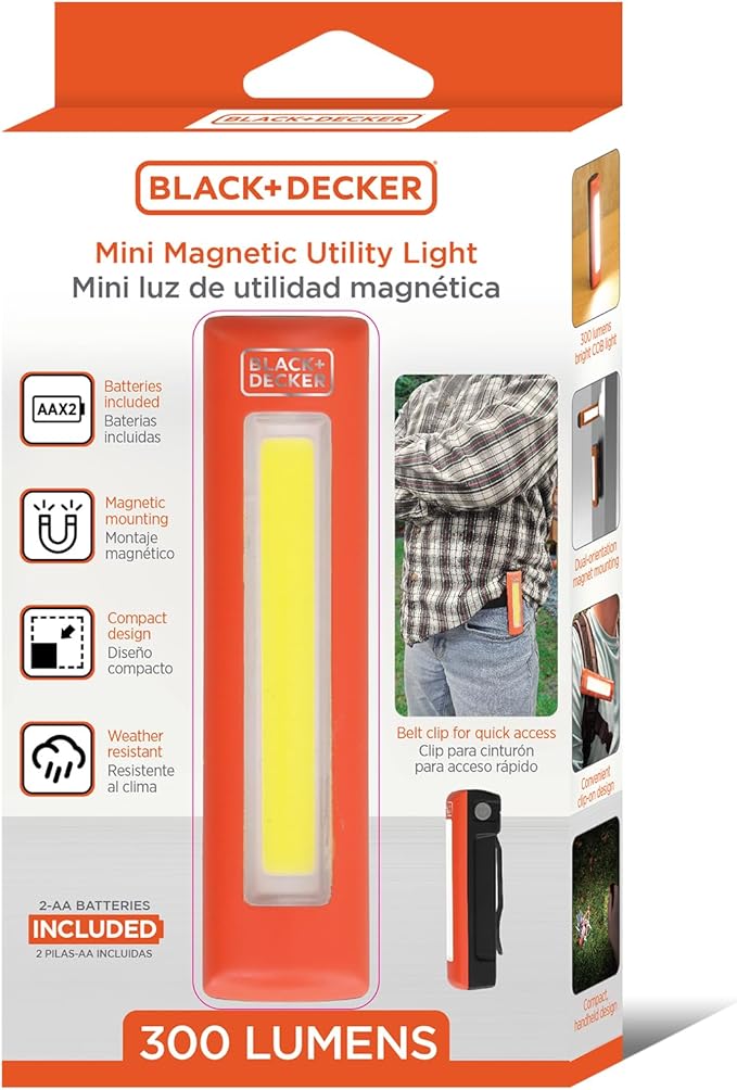 BLACK+DECKER LED Work Light, 300 Lumens AA Battery-Powered Utility Light, 3 Brightness Levels & SOS Mode, 2 Magnet Mounts, Pocket Clip, Compact Lightweight & Portable, Weather Resistant, 10 Hour Power