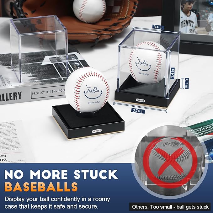 JupDec Baseball Display Case for Single Autograph Ball, Clear Acrylic Cube Baseball Holder with Velvet Interior, UV Protected Stand Box with Durable Base, Ideal Gift for Sports Fans, Gold, 2 Pack