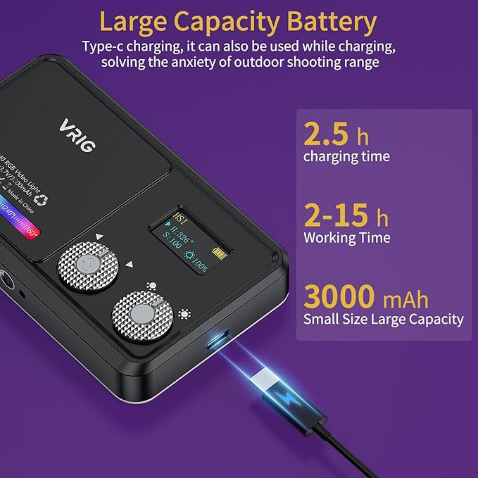 VRIG RGB Video Light, Portable LED Camera Light, 2500K-9000K, 3000 mAh, 20 Effects, 140 LEDs, OLED Display, DSLR Lighting for Photography, Recording, Vlogging, Content Creation