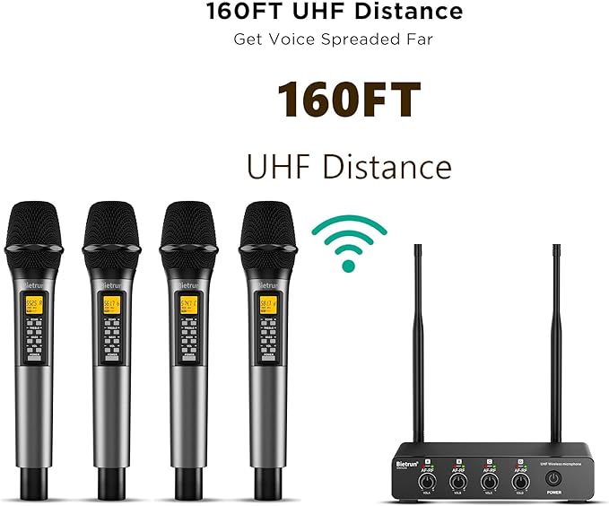 Bietrun 4 Channel Wireless Microphone with Echo/Treble/Bass, 160 ft UHF Range, 4 XLR+1/4‘’Output, Metal Cordless Handheld Dynamic Mics System for Wedding, Church, Karaoke, Singing, DJ(Auto Connect)