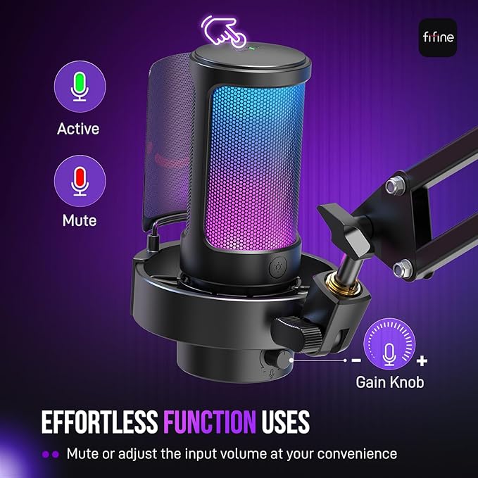 FIFINE USB Gaming Microphone Kit, PC Streaming Mic with RGB Lights, Mute, Gain Knob, Metal Boom Arm for Recording Podcast, Condenser Computer Microphone Set Compatible with PS4/PS5-AmpliGame A8T