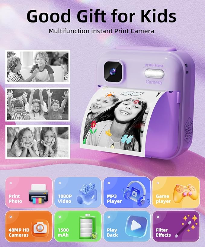 Kids Camera Instant Print for Boys and Girls, 48MP HD Cameras w/1080P Video, Print Paper, 32GB Card, Brush, Christmas Birthday Gifts Toys for Toddler and Teenagers Age 3-16 Years Old (Purple)