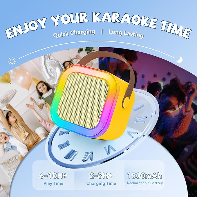 【2026 Newest】 Mini Karaoke Machine for Kids Girls & Boys - Portable Bluetooth Speaker with 2 Wireless Microphones - Kids Birthday Gifts for Ages 4-10 - Kids' Instrument Accessories - Yellow