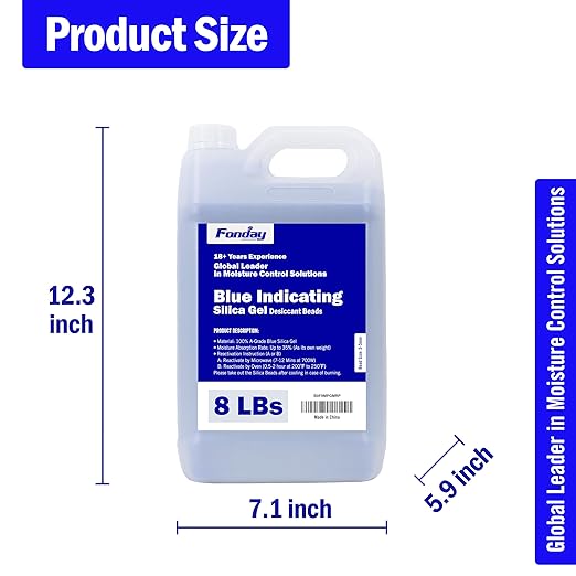 8LBS Fonday Blue Indicating Silica Gel Beads Desiccant Moisture Indicating Blue to Pink Reusable Industry Standard Bead Size 3 to 5mm